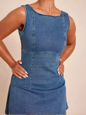 Shape Dark Blue Stretch Denim Boat Neck A-line Mini Dress Shape Dark Blue Stretch Denim Boat Neck A-line Mini Dress