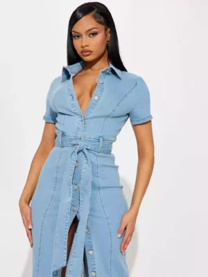 Short Sleeve Denim Maxi Dress - Medium Wash Short Sleeve Denim Maxi Dress - Medium Wash