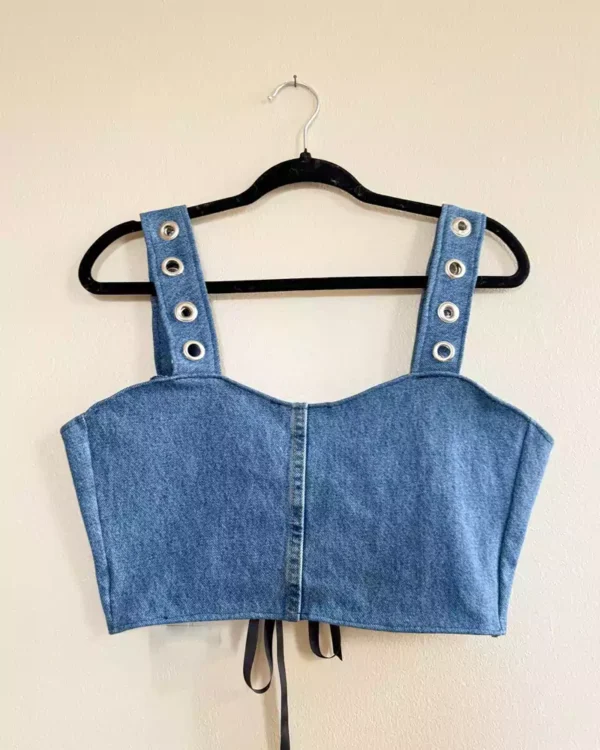 Upcycled Denim Silver Grommet Lace Up Crop Top