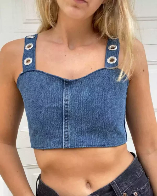 Upcycled Denim Silver Grommet Lace Up Crop Top