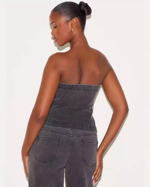 Washed Black Covered Button Longline Denim Top