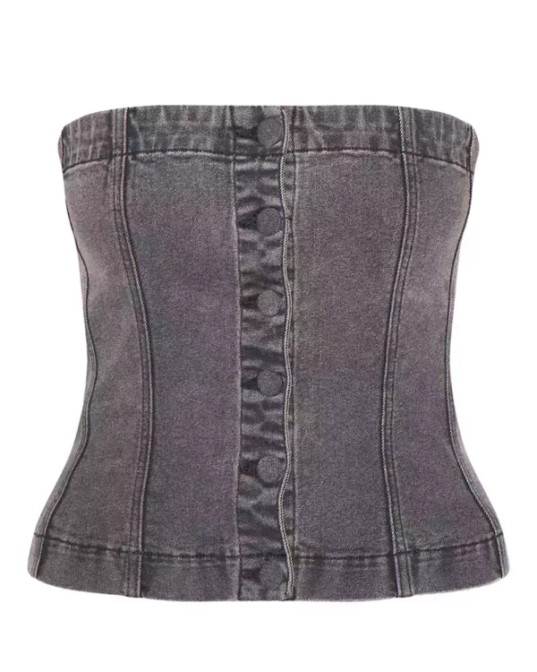 Washed Black Covered Button Longline Denim Top