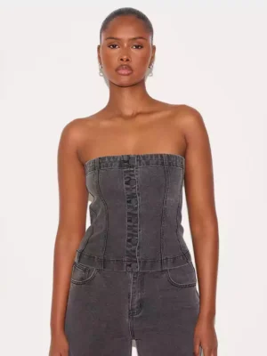 Washed Black Covered Button Longline Denim Top
