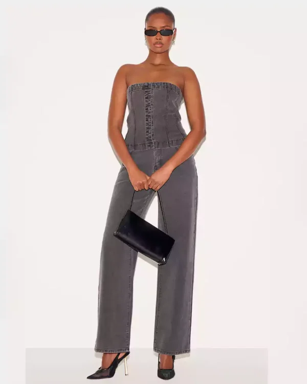 Washed Black Covered Button Longline Denim Top