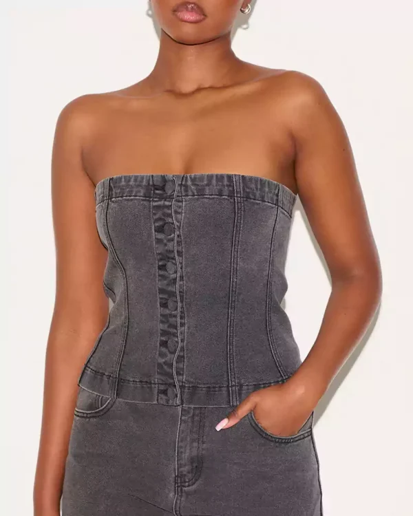Washed Black Covered Button Longline Denim Top
