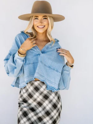 Mineral Washed Denim Long Sleeve Pullover Top