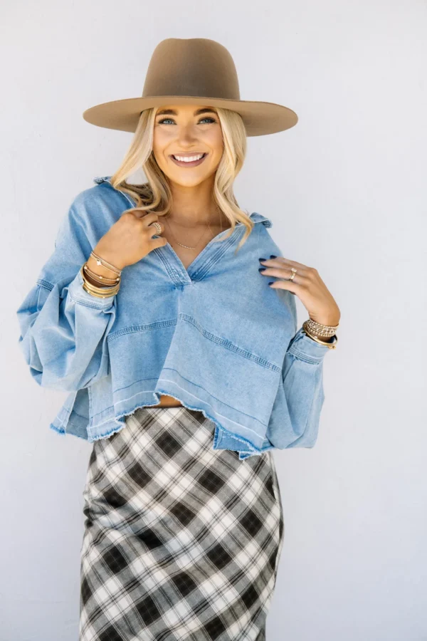 Mineral Washed Denim Long Sleeve Pullover Top