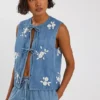 Affixed Cloth Embroidery Denim Clothing Accessorize Floral Embroidered Denim Waistcoat
