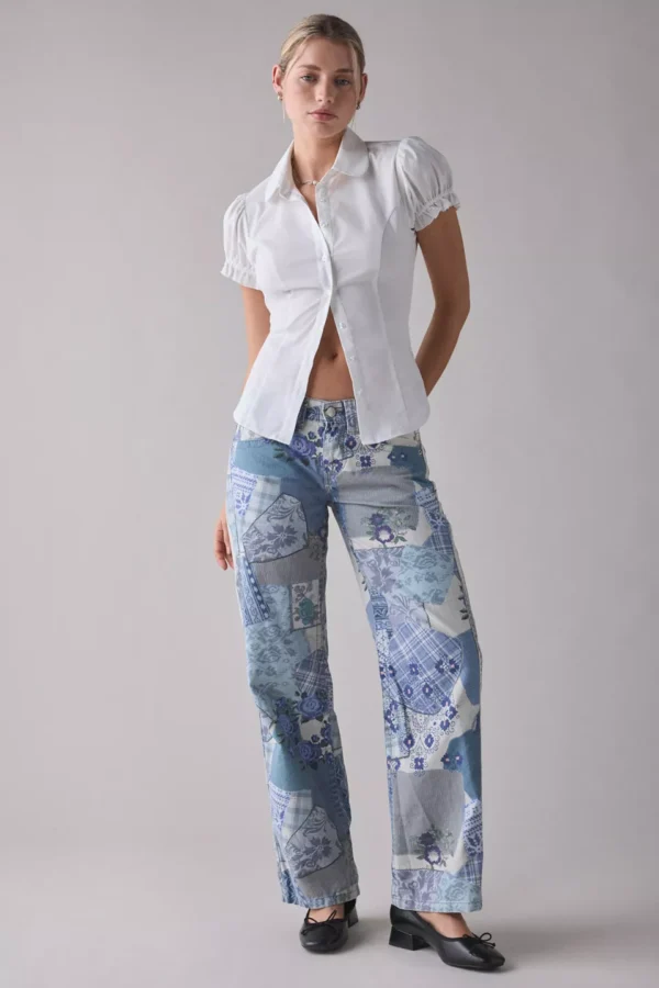 Affixed Cloth Embroidery Denim Clothing Cotton Canvas Low-Rise Pant Affixed Cloth Embroidery Denim Clothing