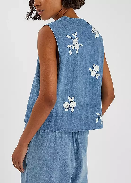 Affixed Cloth Embroidery Denim Clothing Accessorize Floral Embroidered Denim Waistcoat