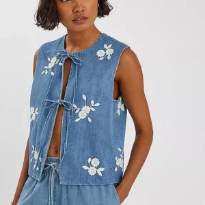 Accessorize Floral Embroidered Denim Waistcoat