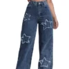 Affixed Cloth Embroidery Denim Clothing Women's Star Patchwork Jeans High Waisted Straight Leg Denim Pants