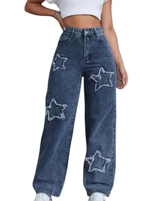 Affixed Cloth Embroidery Denim Clothing Women's Star Patchwork Jeans High Waisted Straight Leg Denim Pants