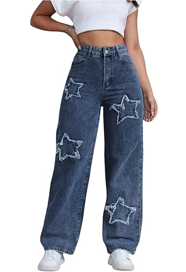 Affixed Cloth Embroidery Denim Clothing Women's Star Patchwork Jeans High Waisted Straight Leg Denim Pants