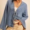 DM_20251113142236_002 Women's Drop Shoulder Long Sleeve Front Tie Loose Casual Blouse Denim Top