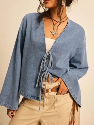 DM_20251113142236_002 Women's Drop Shoulder Long Sleeve Front Tie Loose Casual Blouse Denim Top