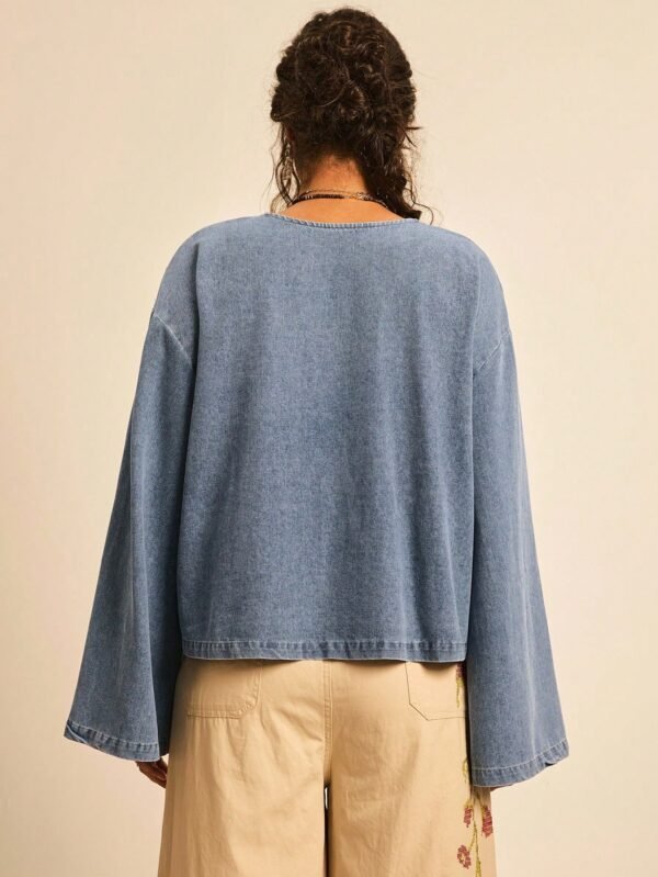 DM_20251113142236_003 Women's Drop Shoulder Long Sleeve Front Tie Loose Casual Blouse Denim Top