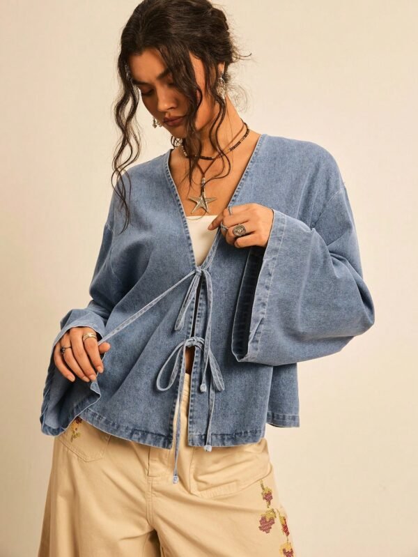 DM_20251113142236_004 Women's Drop Shoulder Long Sleeve Front Tie Loose Casual Blouse Denim Top