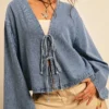 DM_20251113142236_005 Women's Drop Shoulder Long Sleeve Front Tie Loose Casual Blouse Denim Top