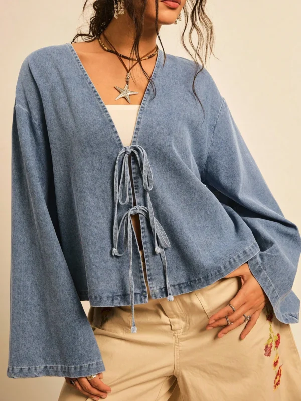 DM_20251113142236_005 Women's Drop Shoulder Long Sleeve Front Tie Loose Casual Blouse Denim Top