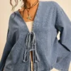 DM_20251113142236_006 Women's Drop Shoulder Long Sleeve Front Tie Loose Casual Blouse Denim Top