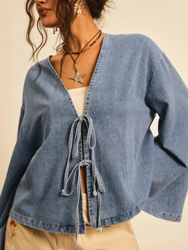 DM_20251113142236_006 Women's Drop Shoulder Long Sleeve Front Tie Loose Casual Blouse Denim Top
