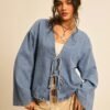 DM_20251113142236_007 Women's Drop Shoulder Long Sleeve Front Tie Loose Casual Blouse Denim Top