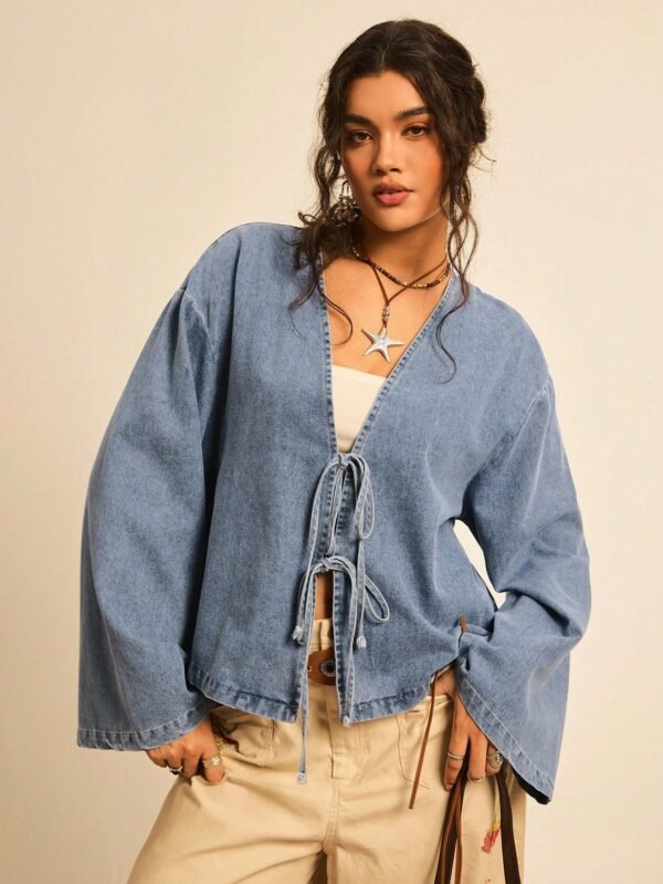 DM_20251113142236_007 Women's Drop Shoulder Long Sleeve Front Tie Loose Casual Blouse Denim Top