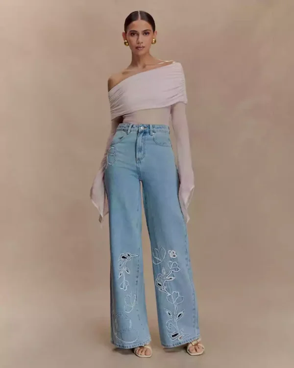 Embroidery on denim jeans