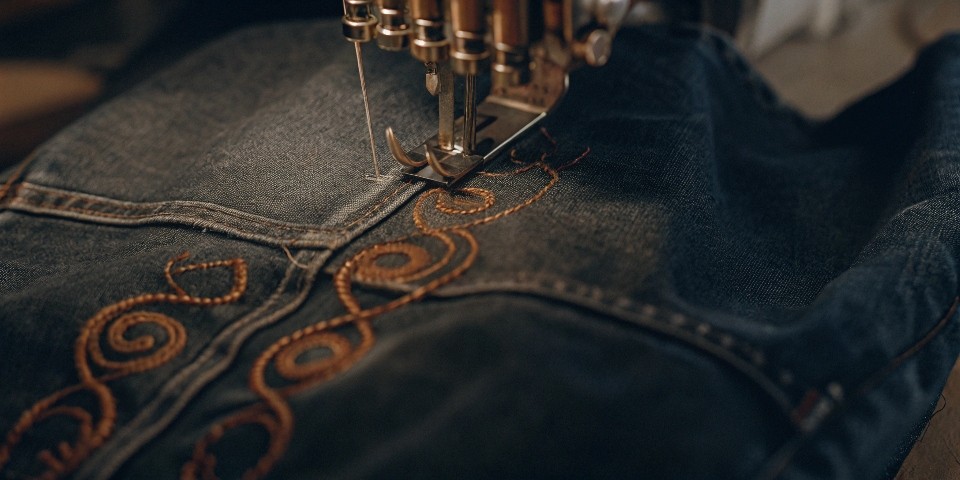 A close-up of a computerized embroidery machine's needle rapidly stitching an intricate design onto the back of a denim jacket.