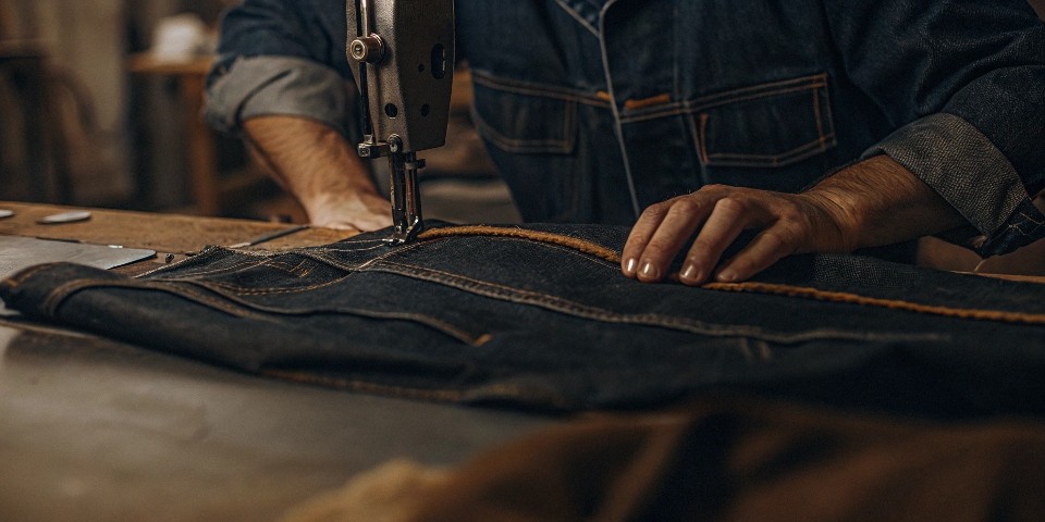A tailor at a sewing machine, carefully taking in the side seam of a denim jacket with matching gold thread.