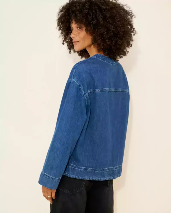 Collarless denim jacket for women