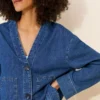 Collarless denim jacket for women