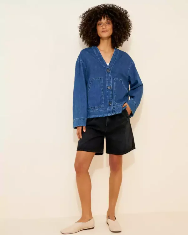 Collarless denim jacket for women