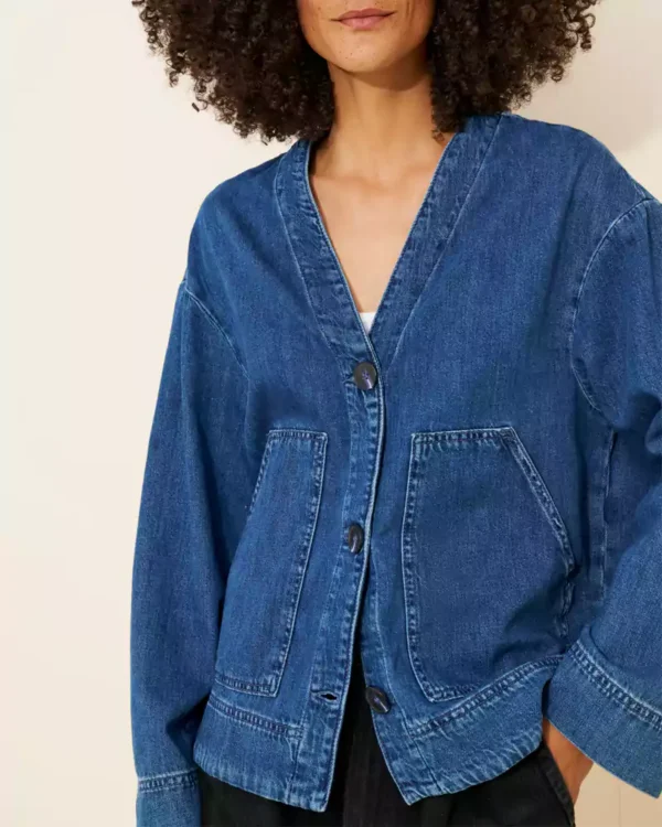 Collarless denim jacket for women