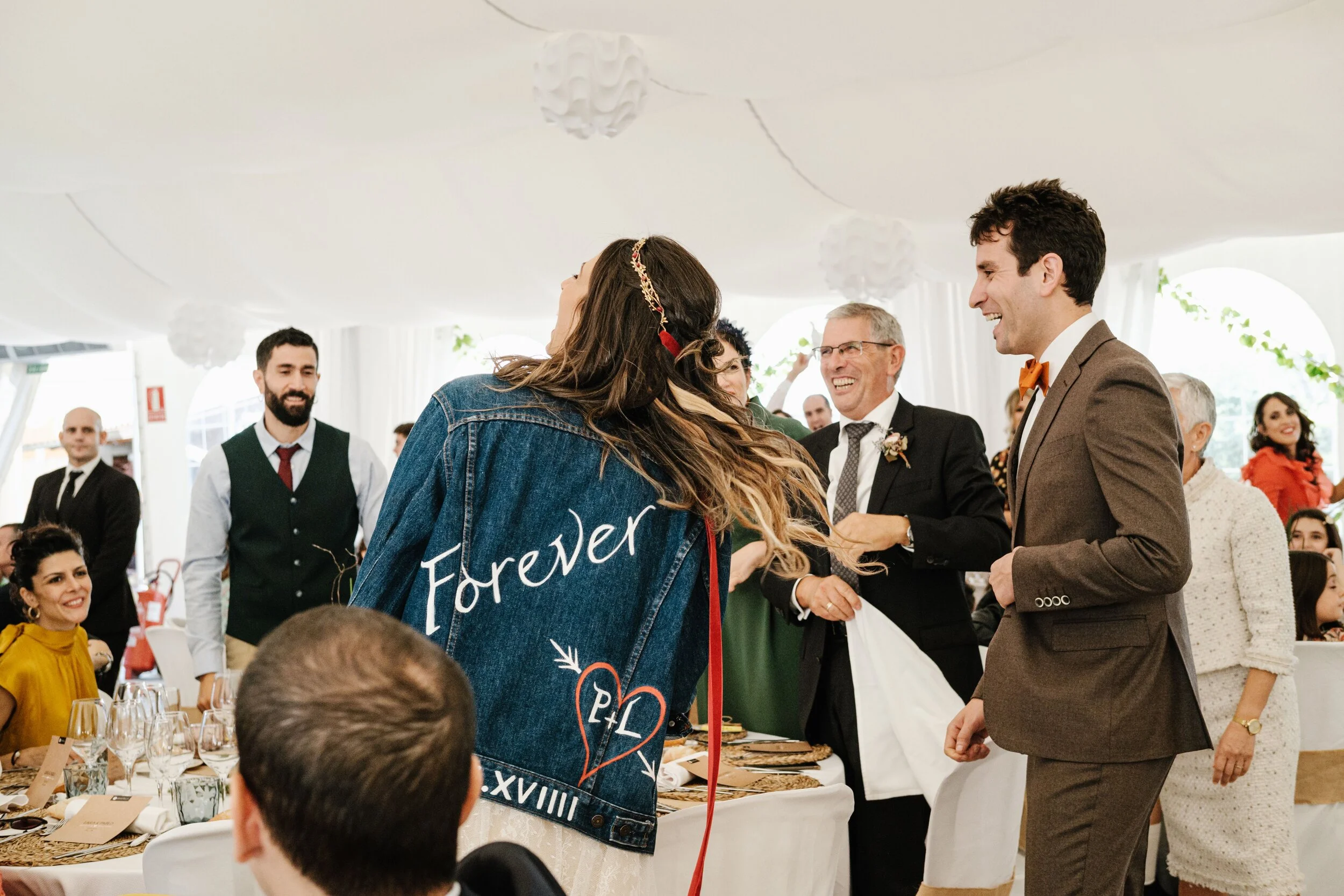 One of our Brides we created this jacket for. Lara got married in Beautiful Spain and got in contact with us to create a Navy Blue Vintage Denim with a simple romantic style customisation. She looks amazing, the bohemian cool bride.