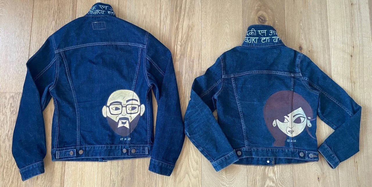 His and Hers Wedding Bespoke Custom Denim Jackets. This wedding was taking place in California, Palm Springs. The Bride & Groom were both graphic designers so together we came up with the attached modern wedding jackets. I took the face illustra…