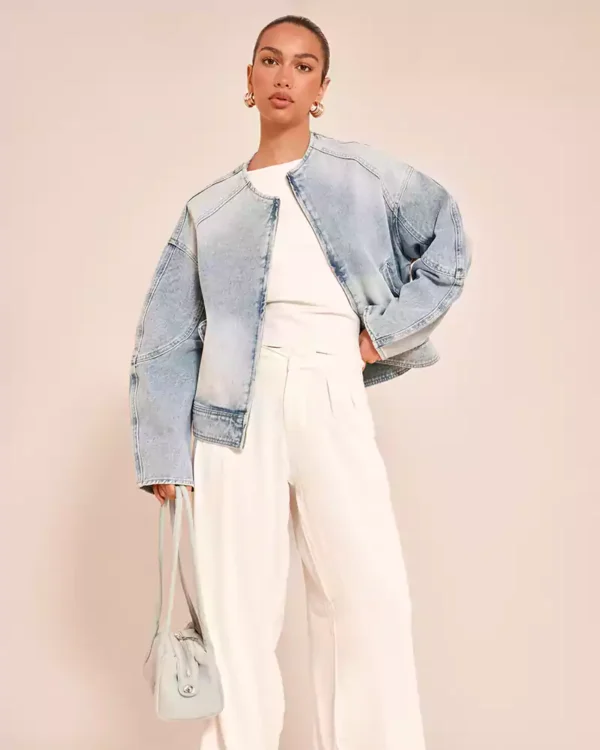 Collarless denim jacket