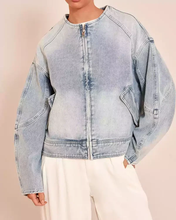 Collarless denim jacket