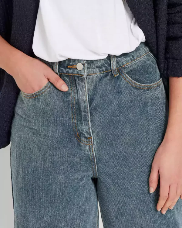 Dark denim barrel leg jeans