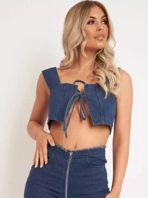 Denim tie front crop top