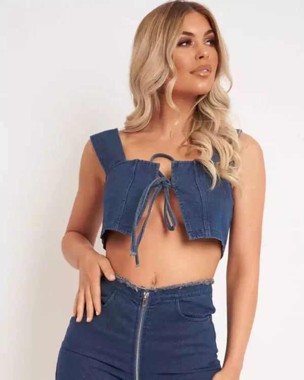 Denim tie front crop top