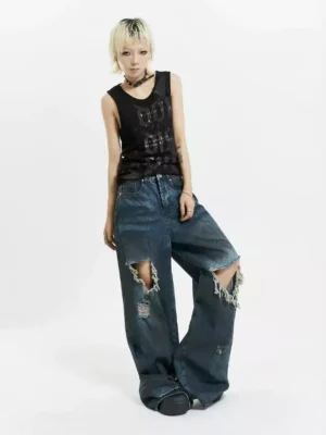 Distressed denim jeans