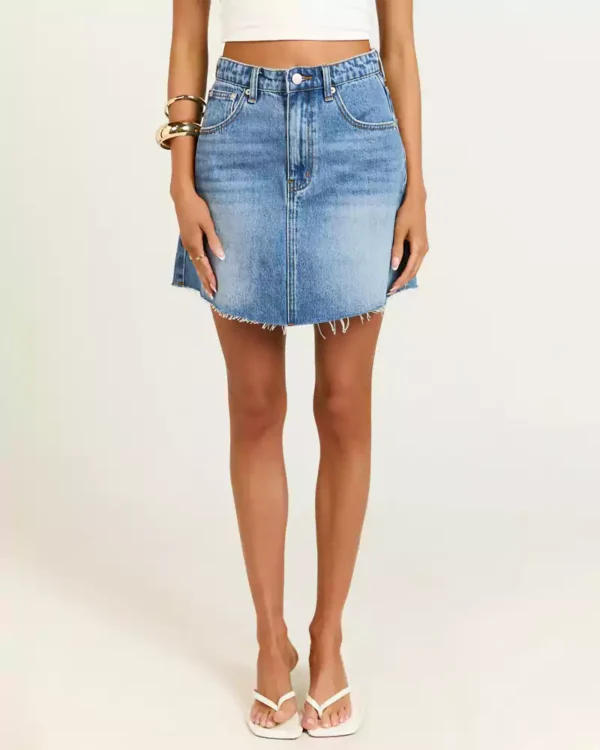 Medium wash denim mini skirt