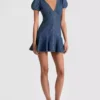 Puff sleeve seamed denim dress