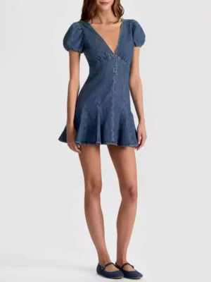Puff sleeve seamed denim dress