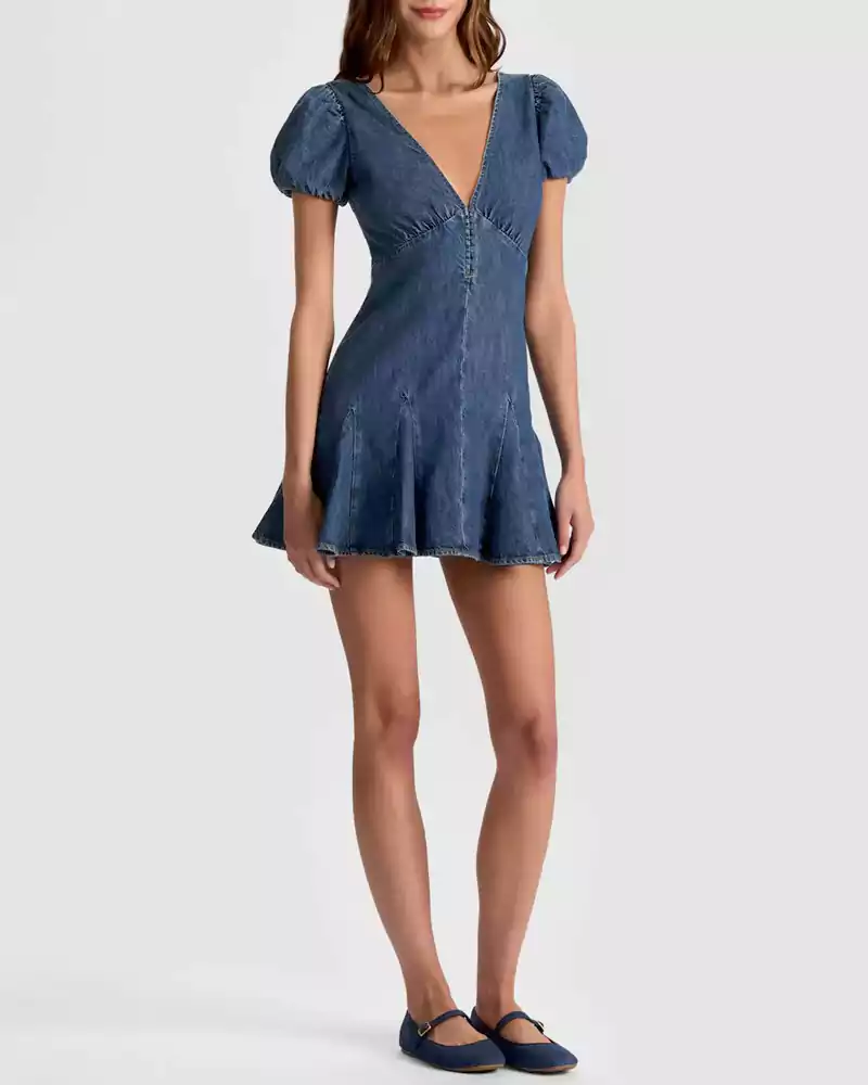 puff-sleeve seamed denim dress Denim Puff-Sleeve Seamed Mini Dress