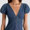 Puff sleeve seamed denim dress