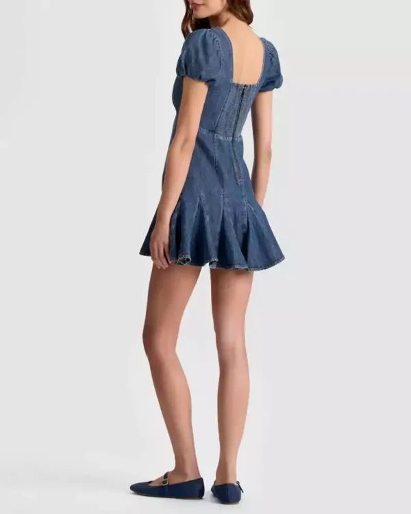 Puff sleeve seamed denim dress