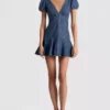 Puff sleeve seamed denim dress